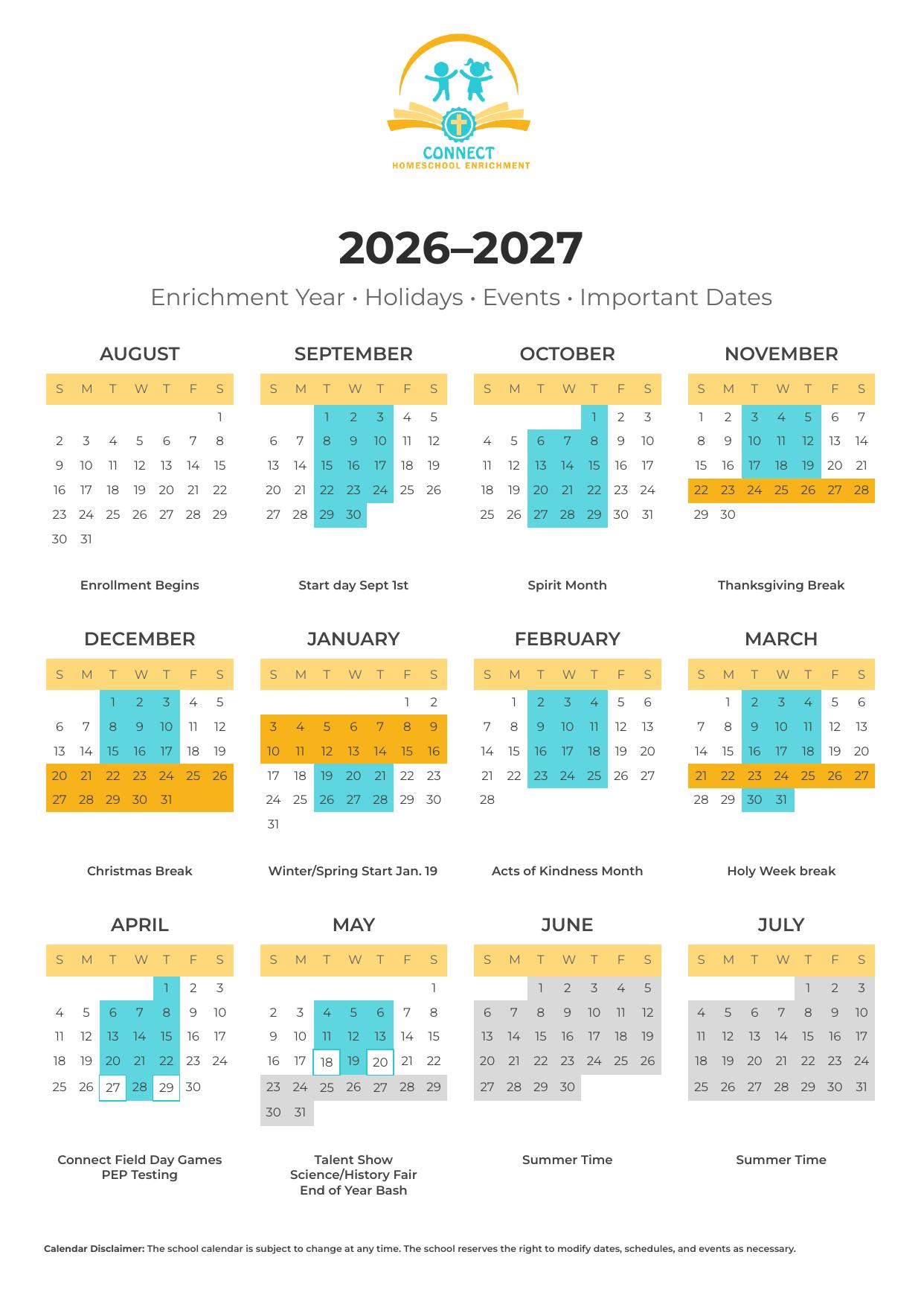 Connect Homeschool Enrichment 2026-2027 academic calendar