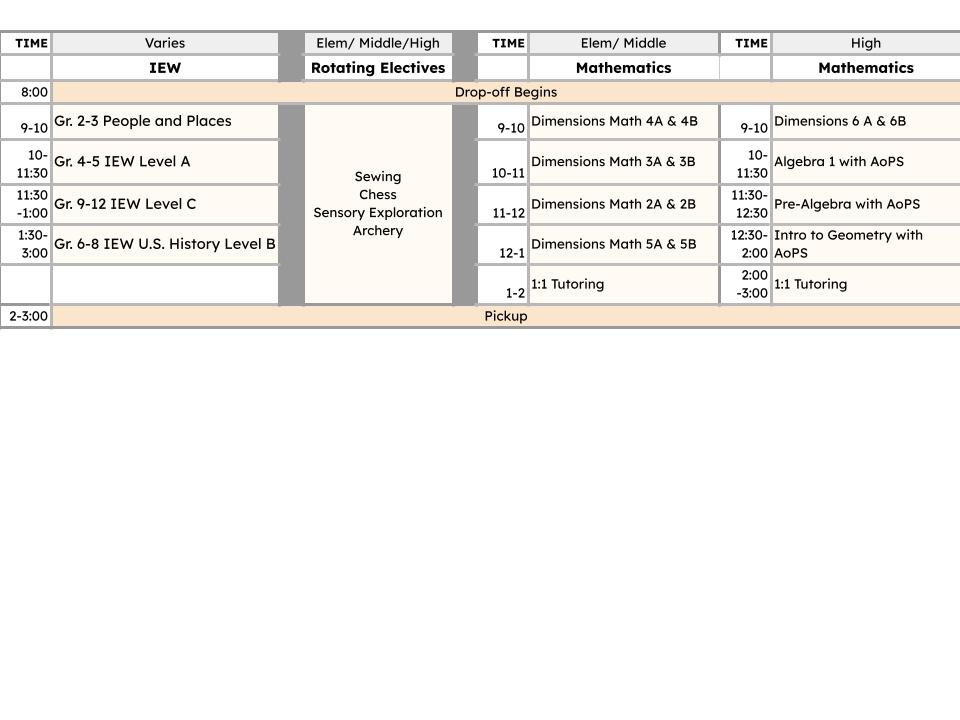 Wednesday class schedule by age group