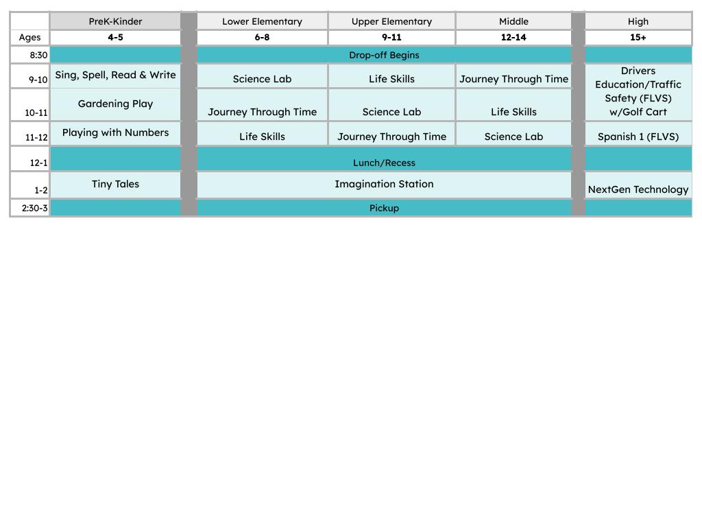 Tuesday class schedule by age group