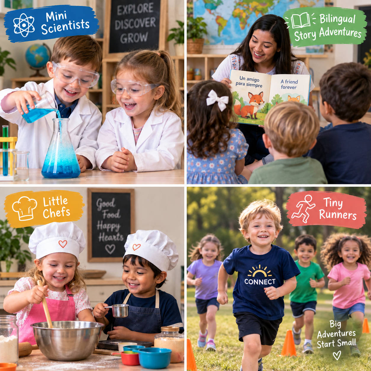 Tiny Tots four adventures: Mini Scientists, Bilingual Story Adventures, Little Chefs, and Tiny Runners